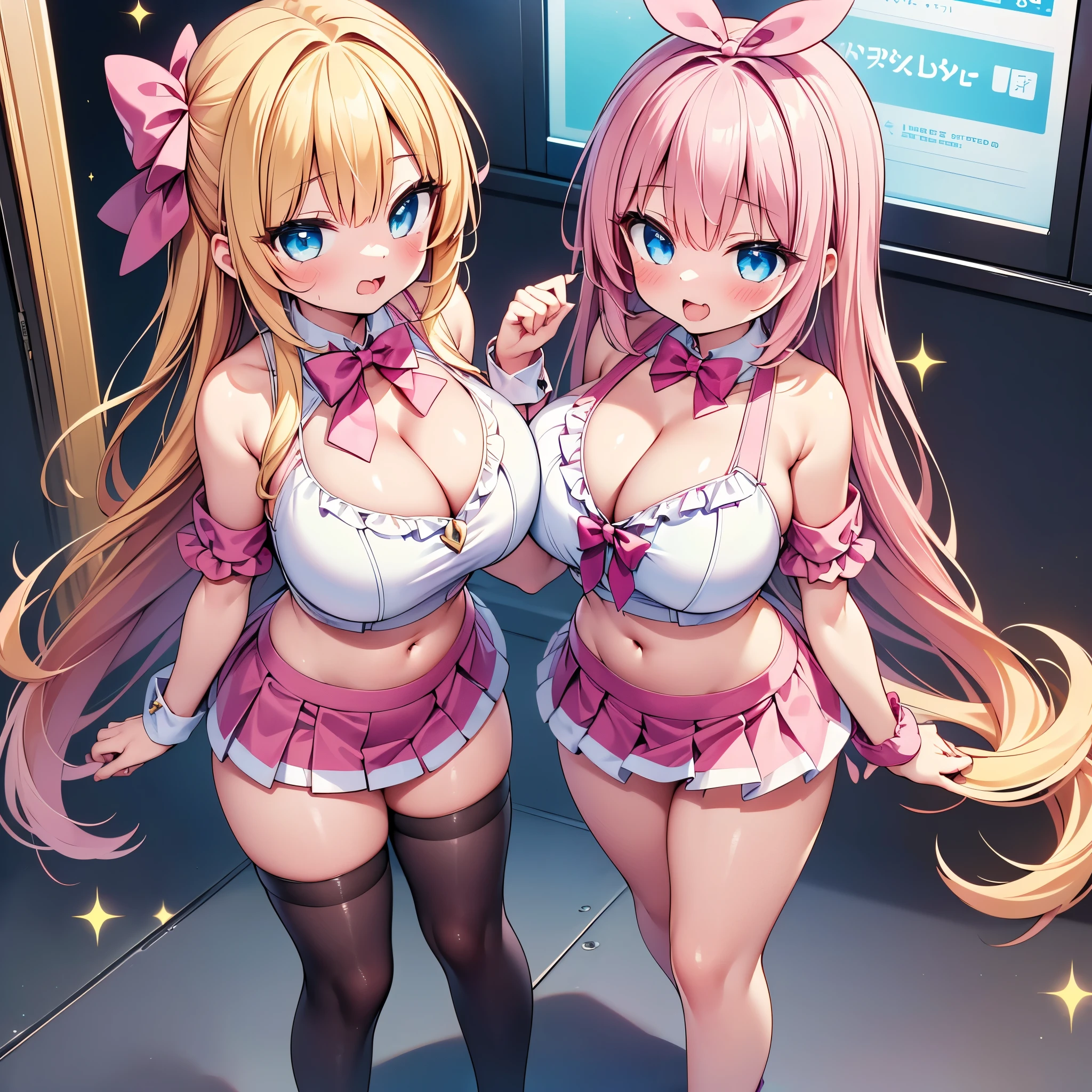 highest quality,wonderful,finely,extremely detailed CG Unity 8K wallpaper, (Stand in line:1.2), (3 girls, cute eyes, (magical pink girl outfit,frill mini skirt:1.1), , clothed), (sparkling eyes:1.2), (:1.2), (cleavage), (crop top navel), (open mouth:1.1), (long tongue:1.1), (mouth drool:1.1), (black stockings:1.1),(Thighs:1.2),(Waistline:1.1), (From above)