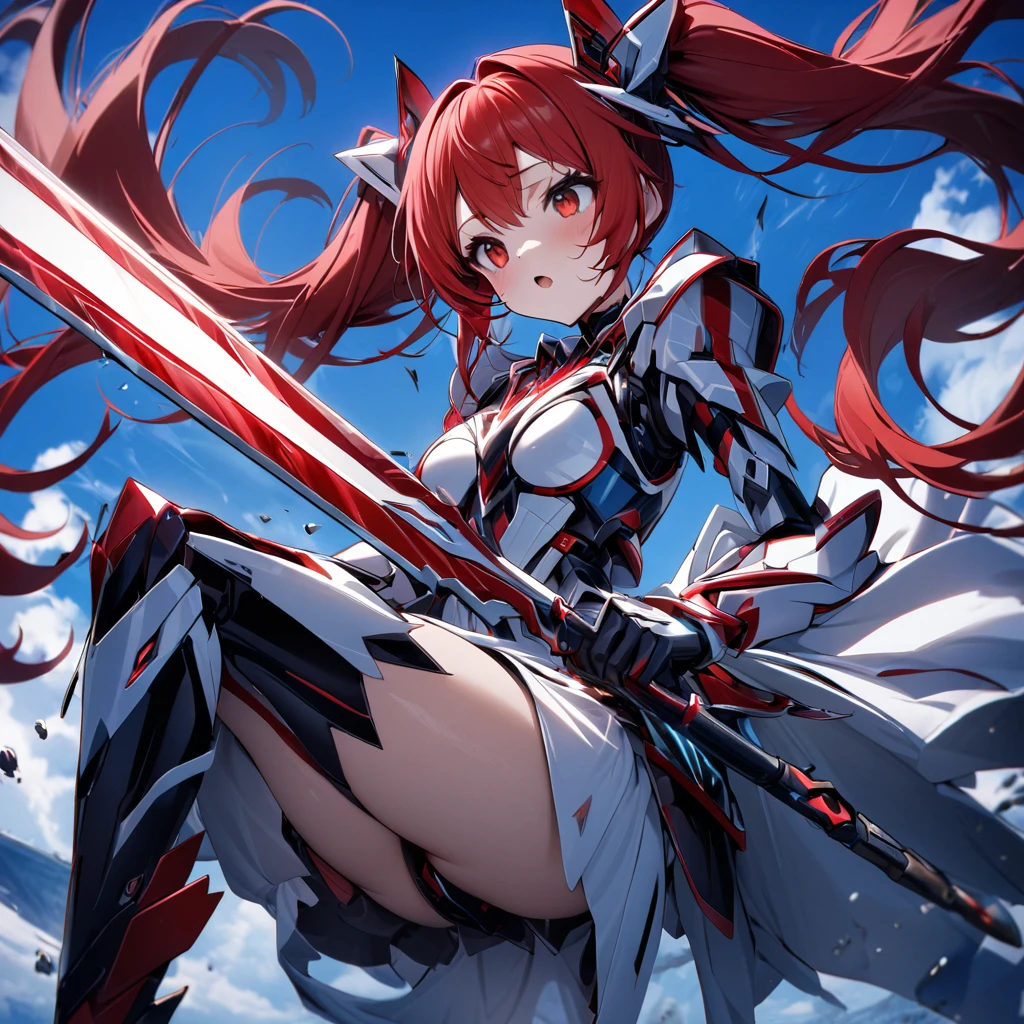 High quality, high definition, hig
h precision images,8k 1 Girl Robot Girl、red hair,Twin tails,Red eyes,
,(red and white clothing Hold it with one hand),,He's wearing flashy robot armor.Holding a red and white long sword,、Blue sky.Flying in the sky,