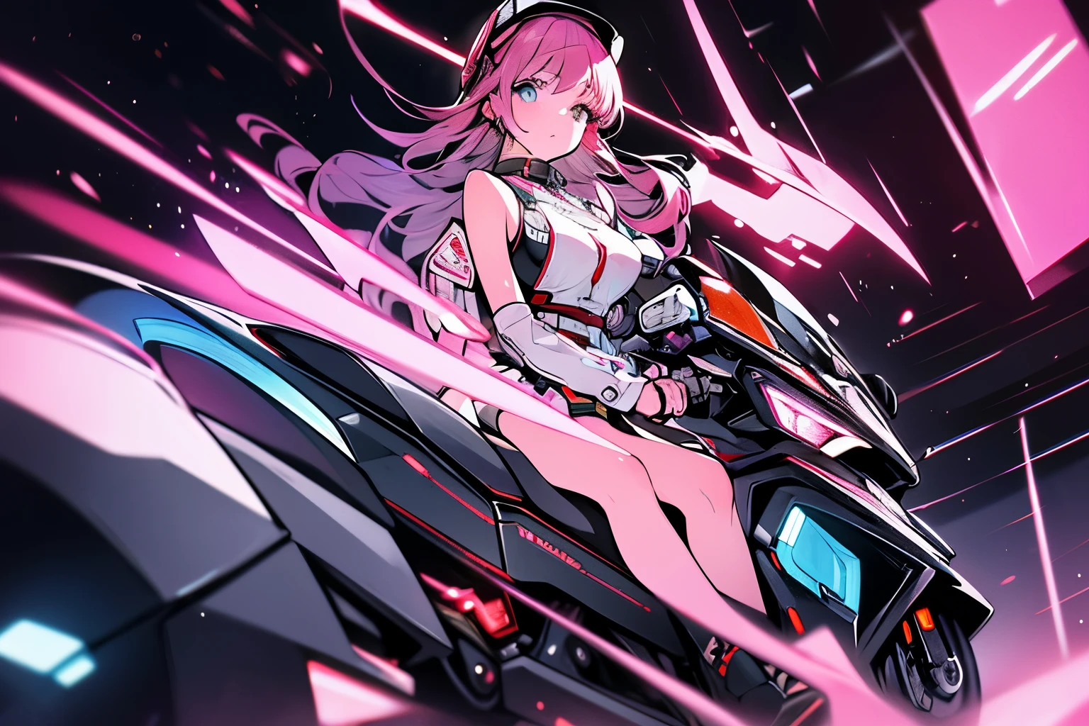 Highest image quality, outstanding details, ultra-high resolution, (realism: 1.4), the best illustration, favor details, highly condensed 1girl, with a delicate and beautiful face, wearing a pink mech, wearing a mecha helmet, holding a direction controller, riding on a motorcycle, the background is a high-tech lighting scene of the future city.