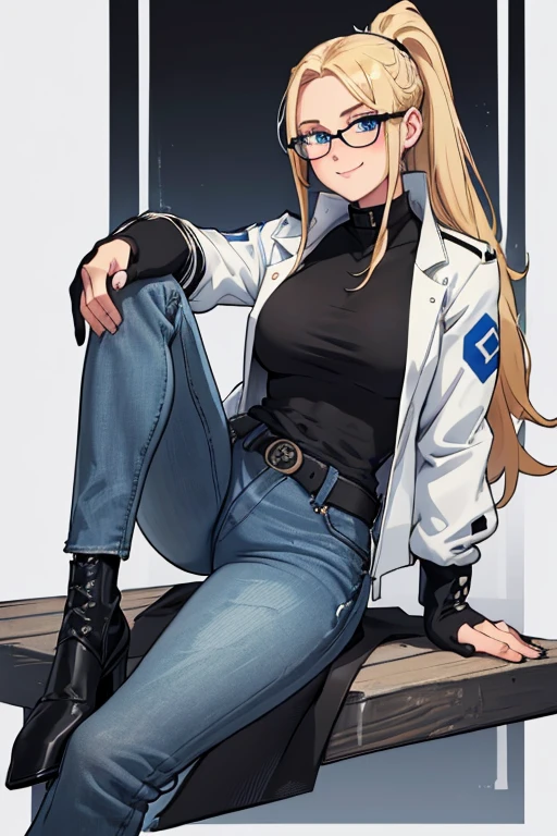female, blonde long hair in a ponytail, blue eyes, (((1girl))), (((white and black jacket with rolled up sleeves))), (black shirt), (blue denim jeans), (black belt), (black low heels), (black fingerless gloves), (glasses), cute and sexy, full body, modest breasts, modest butt, long legs, smiling