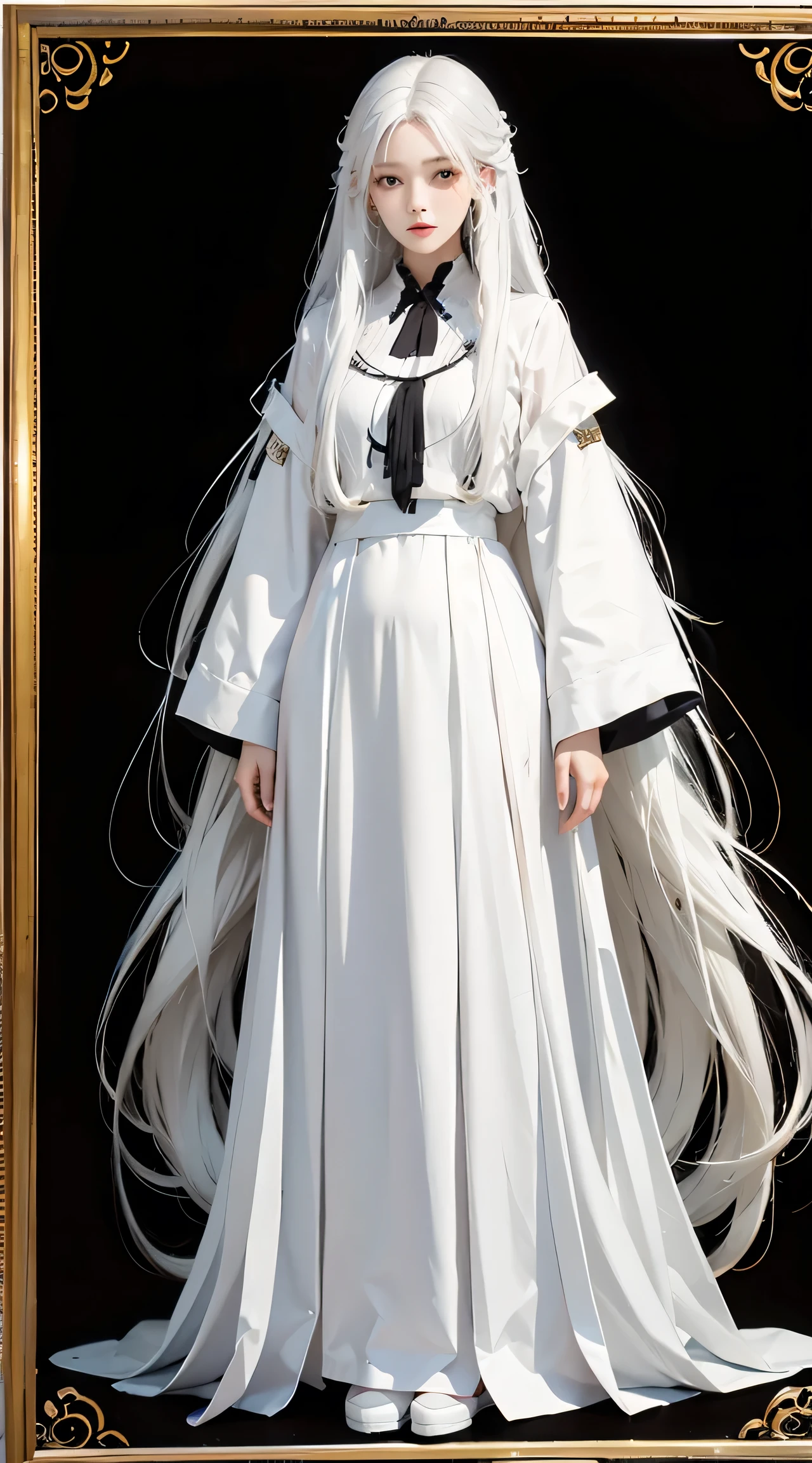 Full body, stand straight , girl , Long white hair reaching to his knees, flowing.