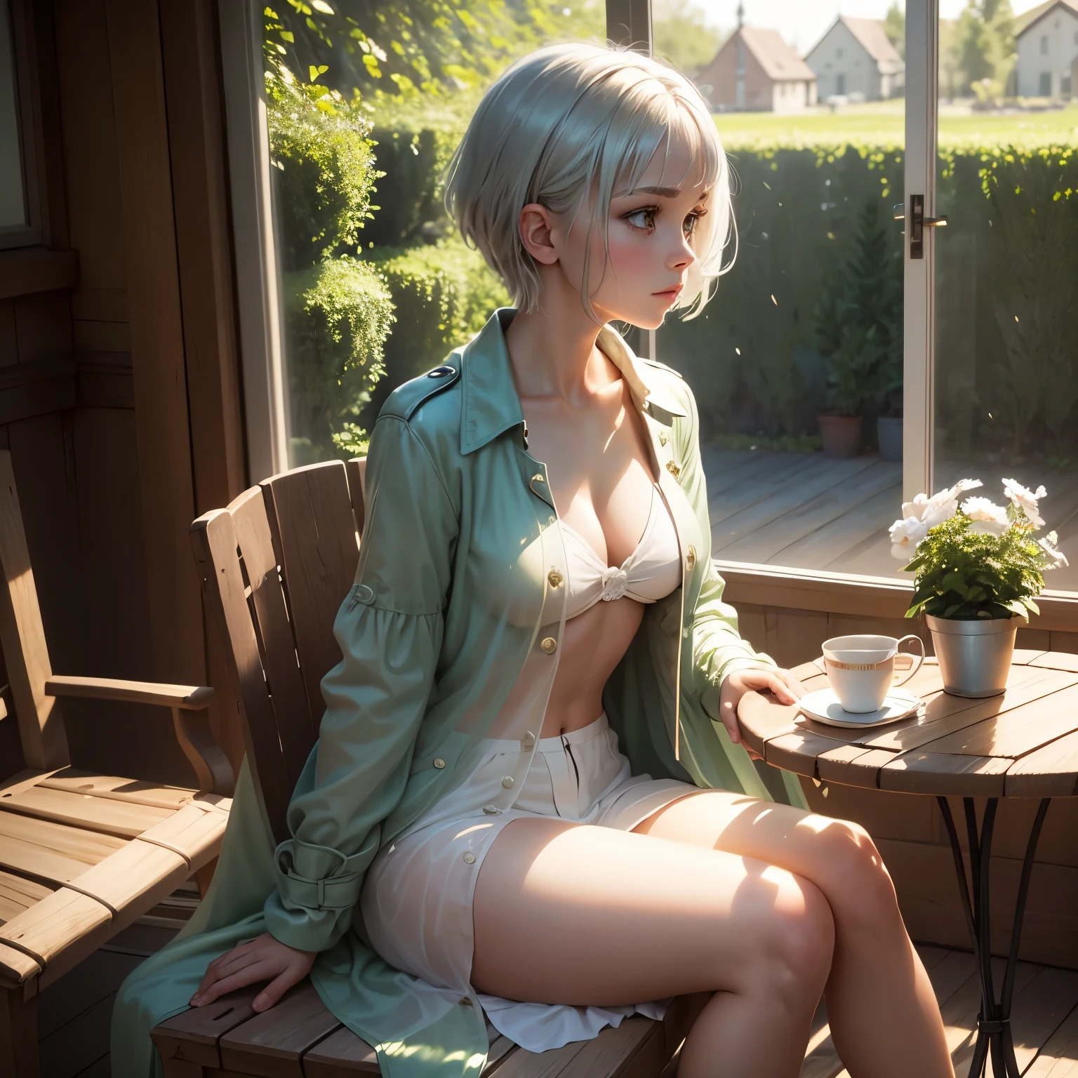 masterpiece, highest quality,Very detailed,Hyper Details, cinematic Light,, One girl, alone, sit, Outdoor, Summer House, sitting in the Summer House, plant, table, chandelier, Candles, Wind, Green Eyes, Pan Green Silver Hair, short hair, Floating Hair, Light, Light frown, profile,View your viewers, dynamic_angle,The see-through happi coat is unbuttoned,nude
