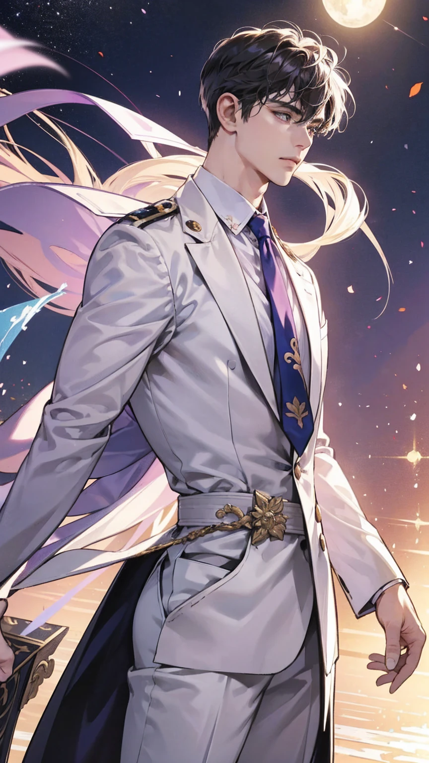 anime.Constantine the Great, Roman Emperor Constantine the Great resurrected in modern times。34 years old。one adult male。Long body。broad shoulder。thick neck。eyes like a lion。Bright and sharp eyes。Looking here。Sincere and kind。Kind and reliable。Deal with it sternly if necessary.。talented and hardworking businessman。successful gentleman。careerist。he is wearing a high quality white suit。dark purple tie。Light purple shirt。forceful。An overwhelming sense of control。romance novel hero。Bold composition。look up to。lyrical。Dramatic。heartful。Romantic。opulent。elegan。elegance。Venice background in the sunset。masterpiece。top-quality。Super beautiful。The ultra -The high-definition。detaileds。exquisite。