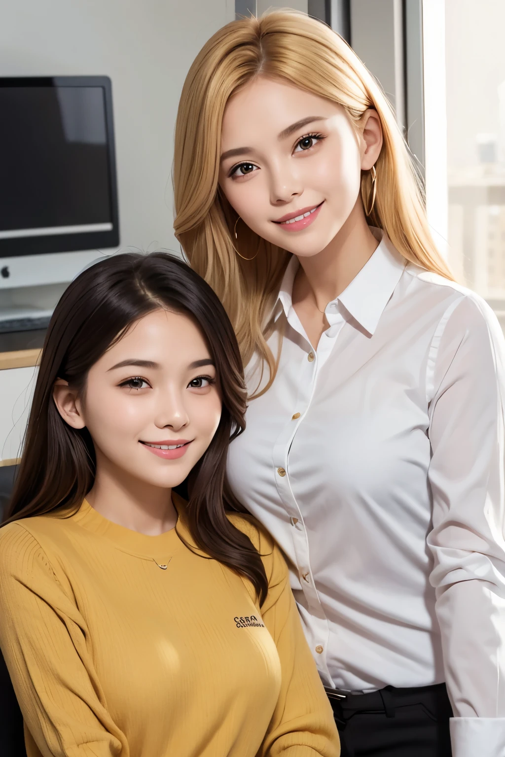 Girl and girl, golden hair, light smile, office,