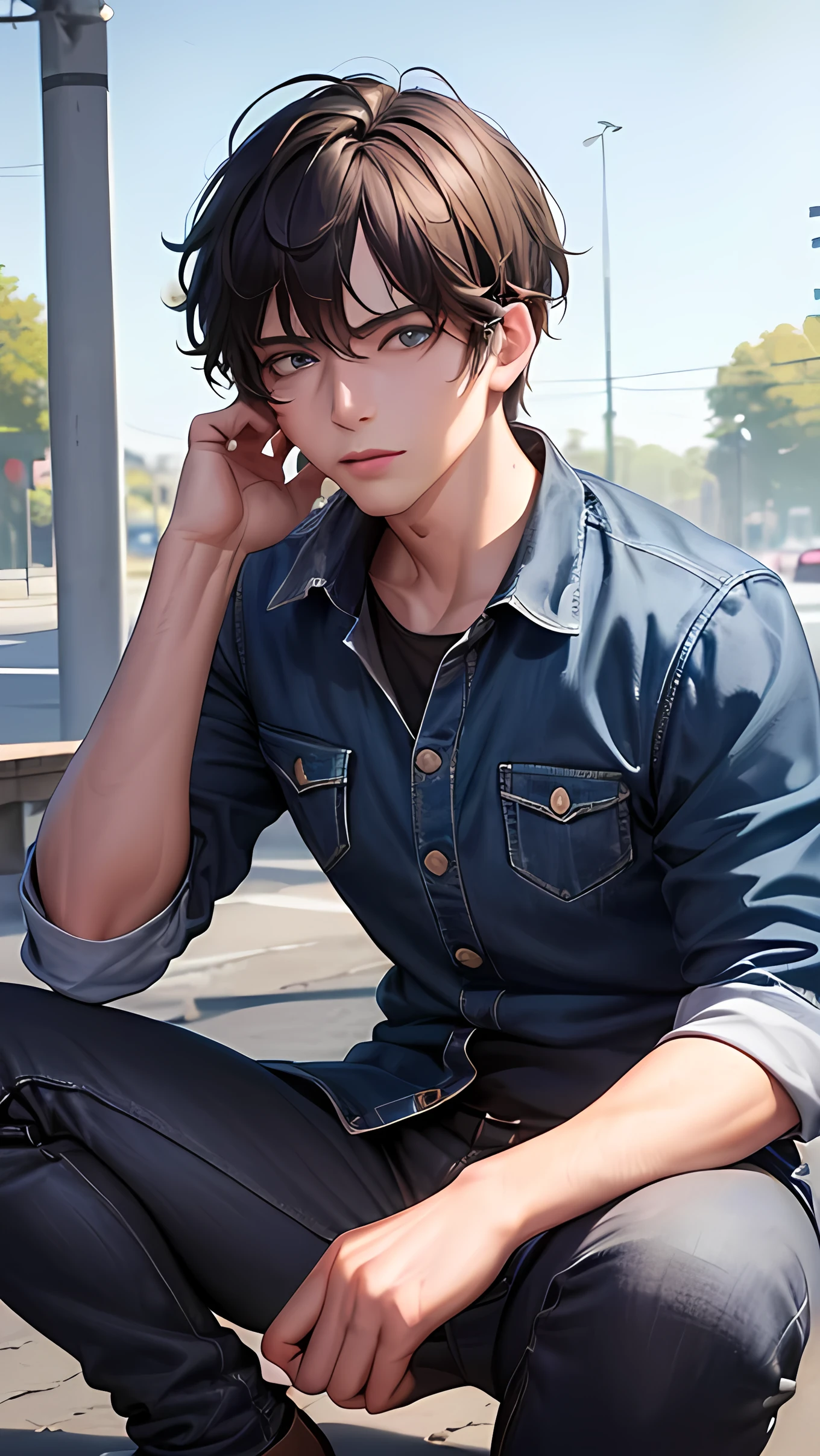 (best quality,4k,8k,highres,masterpiece:1.2),ultra-detailed,(realistic,photorealistic,photo-realistic:1.37),1boy,Esso Ekko,lora.189,black hair,blue eyes,blue shirt,white jacket,red jeans,blue shoes,full body,portraits,sharp