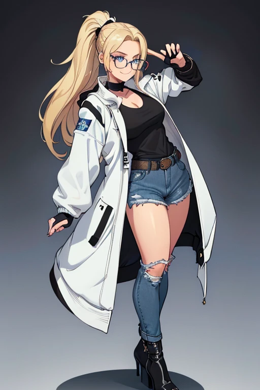 female, blonde long hair in a ponytail, blue eyes, (((1girl))), (((white and black jacket with rolled up sleeves))), (black shirt), (blue denim jeans), (black belt), (black low heels), (black fingerless gloves), (glasses), cute and sexy, full body, modest breasts, modest butt, long legs, smiling