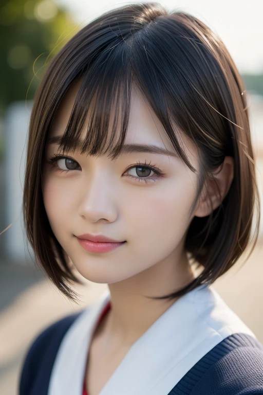 (highest quality:1.5)、(Realistic:1.5)、(1 person:1.5)、(Upper Body:1.5)、Very detailed、High resolution、8k wallpaper、、Small breasts、Natural color lips、Cute Smile、Japanese women、20-year-old girl、Beautiful and elegant face、Perfect and beautiful face、Big eyes、Brunette eyes、Beautiful and elegant face、Natural double eyelids、Natural Bangs、Beautiful thin nose、Beautiful Skin、Chestnut Hair、Medium Bob Hair、Short Hair、Natural Bangs、Perfect and beautiful face、Slim face and figure、(Looking at the camera with a cute expression)、Bright lighting、Professional Lighting、Forward lighting、Cute Smile、School、Schoolの制服、Sailor suit、(High School Uniform)、Girls' High School 、Beautiful clavicle、Facing forward、Simple poses、Fair skin、slender、Glowing Skin、Beautiful Skin、(Sailor suit)、
