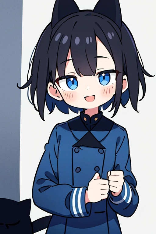 juvenile　boy　Blue Eyes　Messy Hair、very short hair　Face Shadow、short hair　Black Hair　I'm looking over and smiling.　Mouth open　Navy blue uniform　Her body is also facing me.　Cat on head