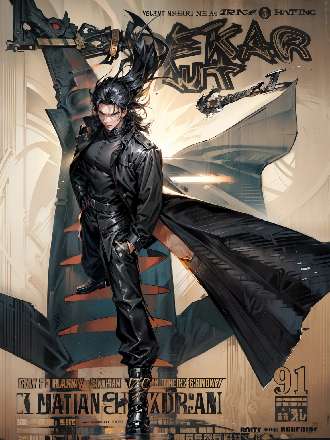 boys 26 Years old, Serious face, black hair, flowing hair, wearing high collar long trench coat, ((black shirt)), black pants, holding sword 