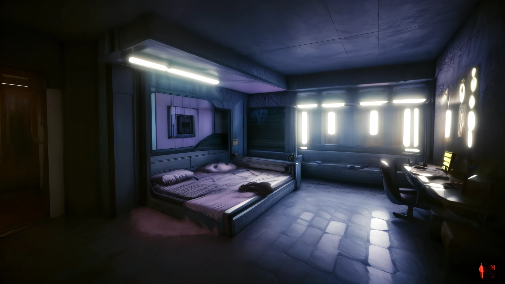 (v'home:1.2),indoors,desk,bed,sofa,neon lights,view two if v'home,(high quality, best quality, hi res),(ultimate phtoreal Concept Art),