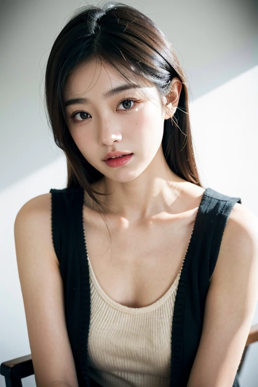 highest quality, Face Focus, Soft Light, Ultra-high resolution, (Realistic:1.4), RAW Photos, 1 Japanese girl, alone, cute, (A shy smile:0.5), (Brown eyes, Light in your eyes), Beautiful face in every detail, (Small box),(High resolution detail of human skin texture), (Long black hair), break, In the classroom,, Open-neck tank top and cardigan,White Background,