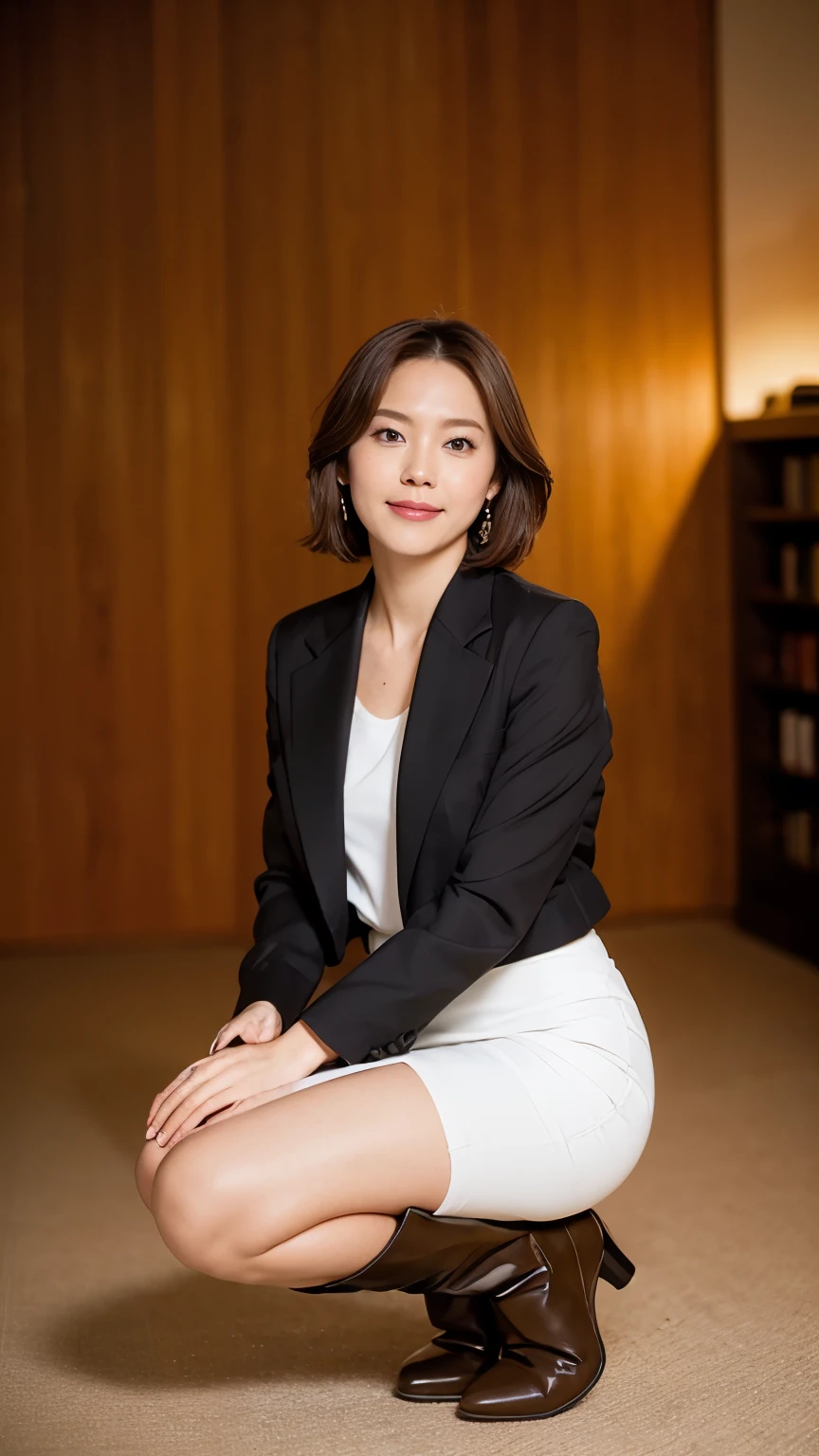 Tabletop, Beautiful woman, (30 years old、Japanese), (Library Background、mechanical、Bookshelf), ,(((black formal jacket)))、(((White pencil skirt))),(((Knee-high boots)))、 (((Beautiful Hair、Bob Hair, Brown Hair))), feet, (Skin Texture:1.1), highest quality, 超A high resolution, (Realistic: 1.4), RAW Photos, , Nikon D850 film stock photo, F1.6 lenses, Rich colors, Realistic, Cinestill 800, Backlight, Rim Light, Studio Lighting, Erotic photos, mechanicalの上でかがむ:1.3