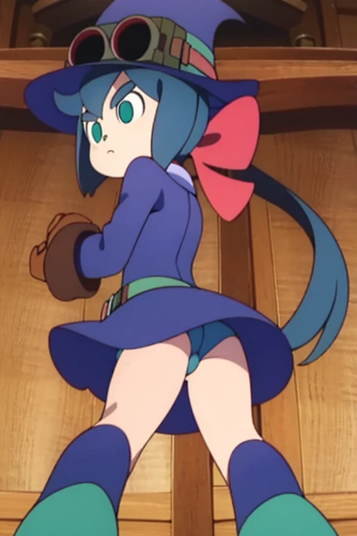 (best quality, top quality), masterpiece, best quality, 1girl, solo, bow, red bow,  blue hair, hair bow, long hair, green eyes, luna nova , ponytail, gloves, closed mouth, hat, witch hat, shirt, long sleeves, brown gloves, goggles on head, green eyes, bangs, belt, boots, shortstack, full body, upskirt focus view, under view, back view 