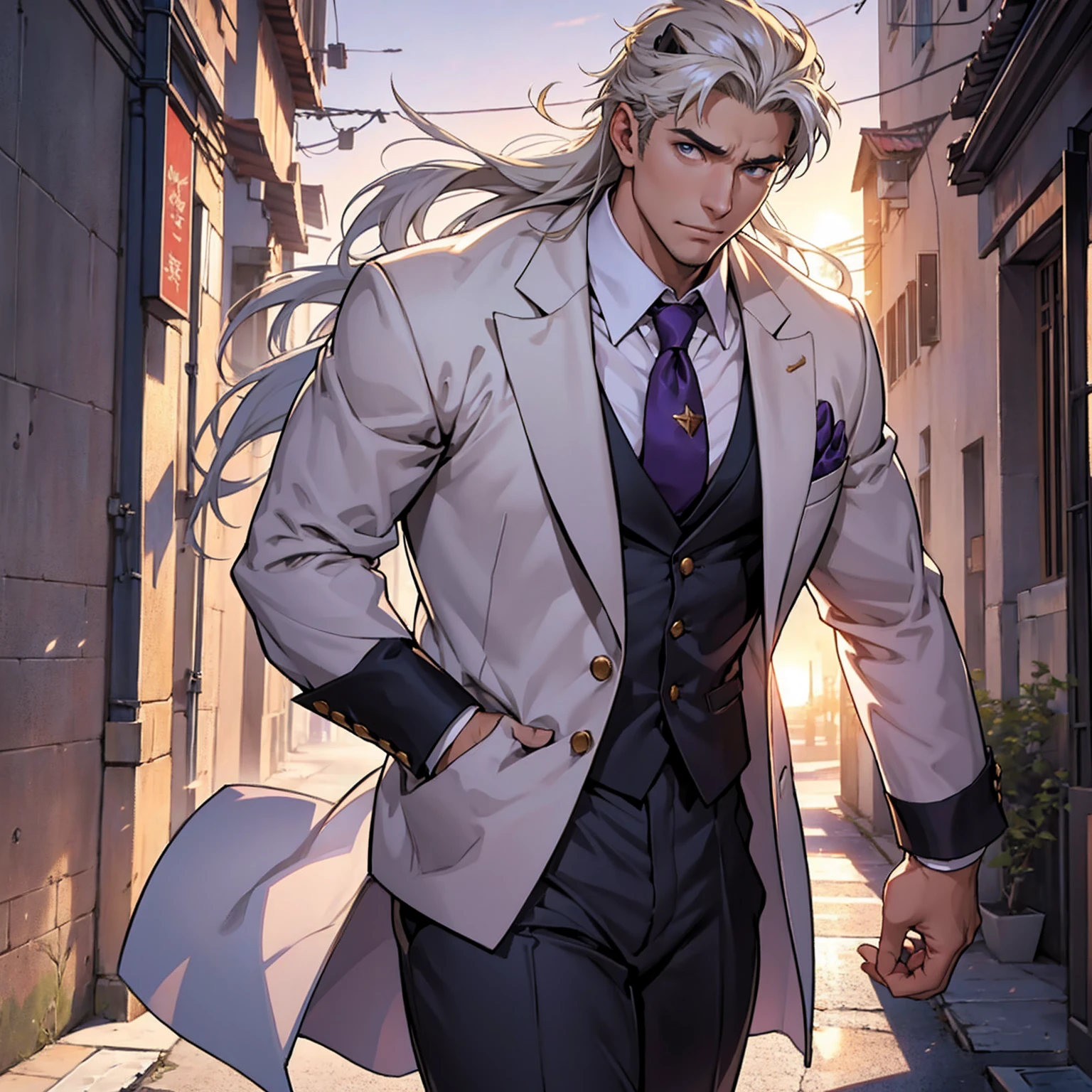 anime.Constantine the Great, Roman Emperor Constantine the Great resurrected in modern times。34 years old。one adult male。Long body。broad shoulder。thick neck。eyes like a lion。Bright and sharp eyes。Looking here。Sincere and kind。Kind and reliable。Deal with it sternly if necessary.。talented and hardworking businessman。successful gentleman。careerist。he is wearing a high quality white suit。dark purple tie。Light purple shirt。forceful。An overwhelming sense of control。romance novel hero。Bold composition。look up to。lyrical。Dramatic。heartful。Romantic。opulent。elegan。elegance。Venice background in the sunset。masterpiece。top-quality。Super beautiful。The ultra -The high-definition。detaileds。exquisite。