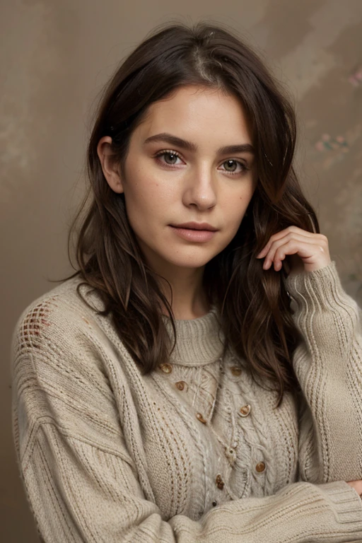 CilLoRA1, a professional portrait of a beautiful man, messy hair, cozy sweater, simple earthy colours background  