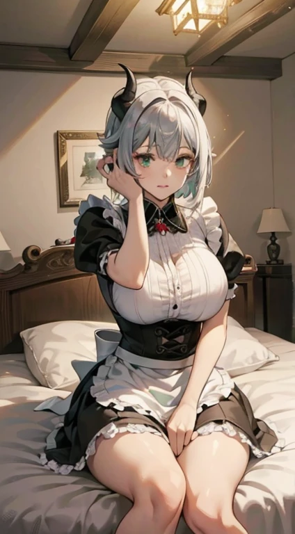 masterpiece, best quality, light, 1 busty girl, , Large Breasts, [Close-up cleavage]]]]Huge sagging breasts,cleveage, The chest is more exposed，Thick thighs、Noelle Genshin Impact, silver bob short hair, Horns on the head, Green Eyes, Red edge maid skirt, Maid Knight, Maid Knight Armor, castle bridge, water,huge , ((Perfect body))