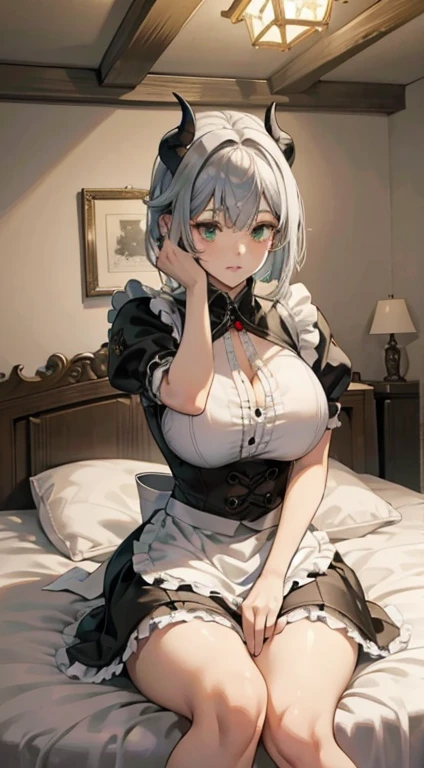 masterpiece, best quality, light, 1 busty girl, , Large Breasts, [Close-up cleavage]]]]Huge sagging breasts,cleveage, The chest is more exposed，Thick thighs、Noelle Genshin Impact, silver bob short hair, Horns on the head, Green Eyes, Red edge maid skirt, Maid Knight, Maid Knight Armor, castle bridge, water,huge , ((Perfect body))
