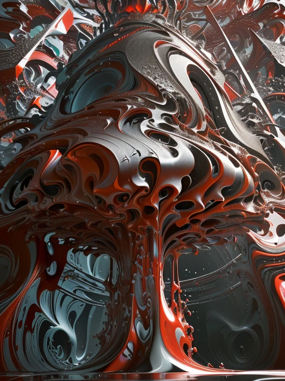 There is a very large red object in the middle of a dark background, 3 d Fluid simulation render, chaotic swirling ferrofluids, rendered in houdini, houdini Fluid simulation, Epic 3D Abstract Model, Fluid simulation in houdini, Fluid simulation, rendered in maya and houdini, rendered, black Fluid simulation, intricate artwork. Octane render