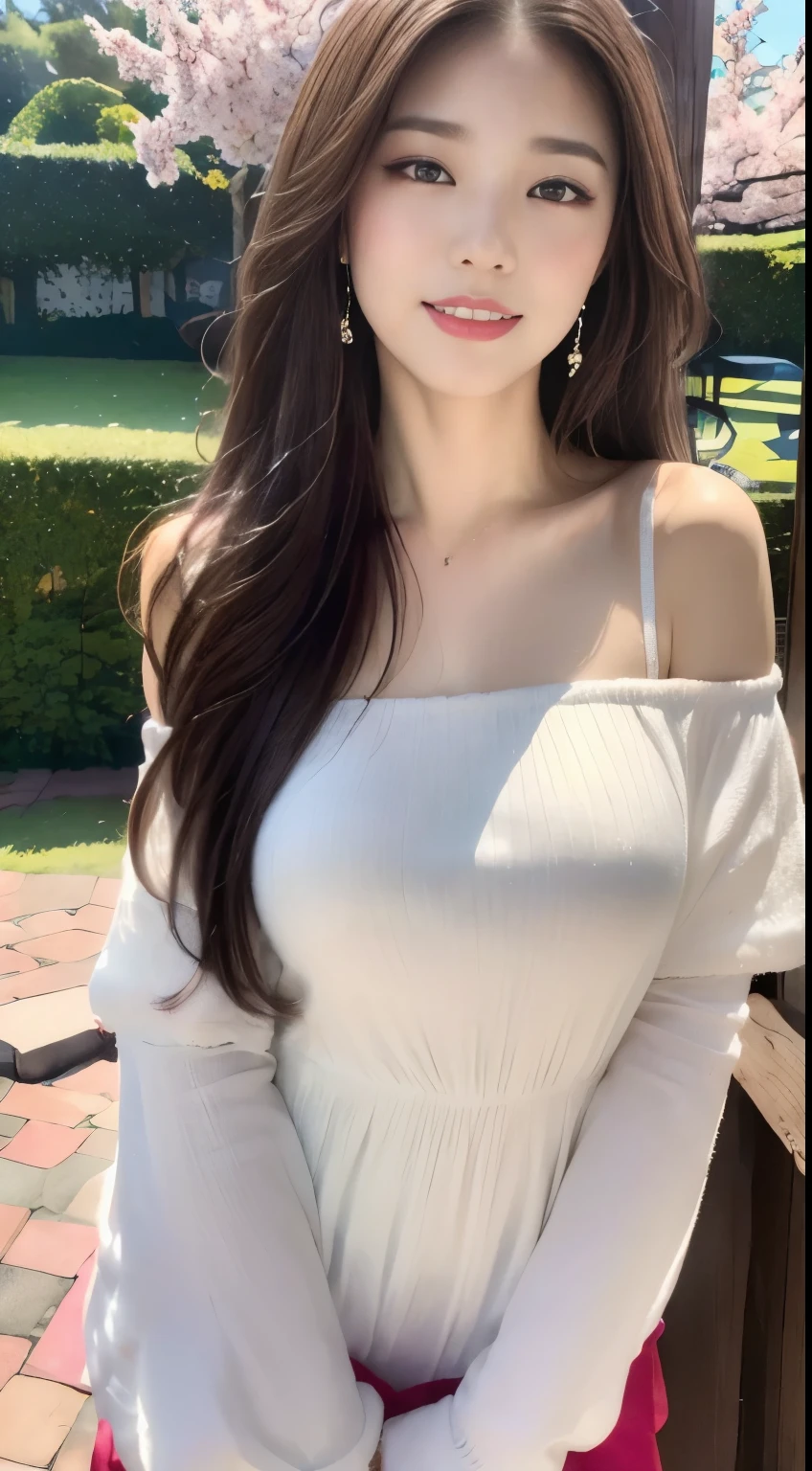 ((highest quality, 8k, masterpiece :1.3)), One Girl, close, A very affectionate smile:1.2,Red lipstick,Dark lipstick:1.2,Beautiful woman, Big Breasts:1.3,Pink off-the-shoulder high-neck dress,Flared skirt Highly detailed face, fine grain, double eyelid,  Blur the background, outside, sunny,cherry blossoms, spring, nature,amusement park, (Maximum resolution: 1.4), (Ultra high definition: 1.2), Cinematic Light, (Detailed eyesと肌), (Detailed facial features), 8k resolution, Perfect Style, Beautiful expression、Highly detailed face and skin texture、Detailed eyes、double eyelid、((Pure white skin:1.2)),Glossy Lips:1.2、Detailed lips,Wet lips,((Full Body Shot:1.2)),(Straight Hairstyles、Light brown hair)、One-length long hair、175cm