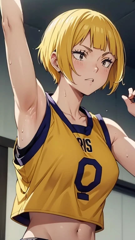 a close up of a person wearing a basketball uniform, a picture, inspired by Kentaro Miura, trending on pixiv, Saeko Tanaka, Haikyuu, yellow hair, short hair, wearing yellow nba jersey, yellow croptop nba jersey, wearing a low cut croptop, wearing croptop, croptop, written "Lakers" on the croptop, golden raito, (winking), shirobako, large)}], favorite scene, fine details. anime. skins, sweating, big breasts, both hands raised, armpits, armpits visible, dripping with sweat, more more sweat, sweaty armpits.