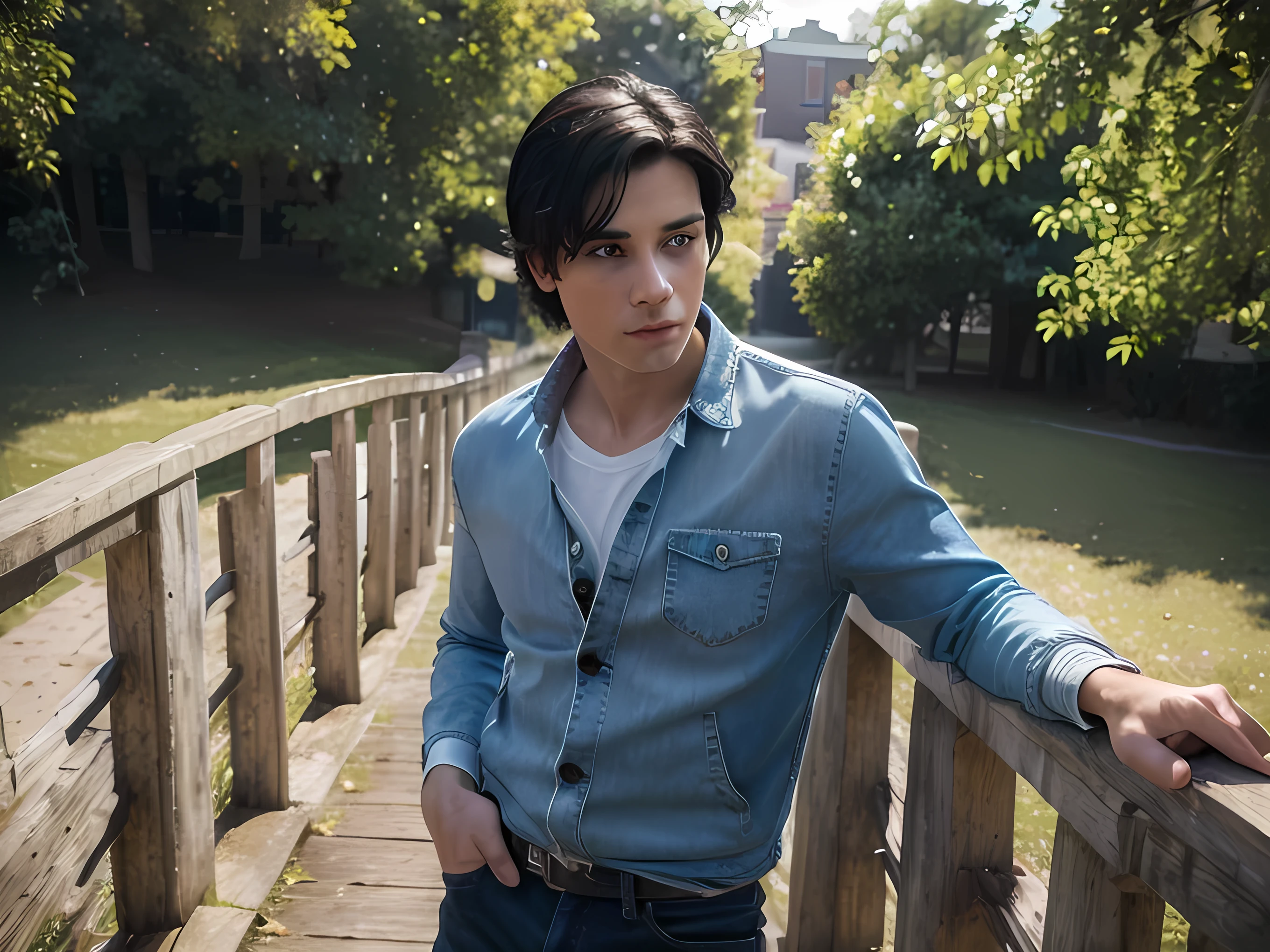 (best quality,4k,highres,masterpiece:1.2),ultra-detailed,realistic,portrait,contrast,soft,warmlight,beautiful detailed blue eyes,sharp focus,bright colors,portrait painting,realistic facial features,boy with black hair,blue shirt and white jacket,wearing red jeans and blue shoes,standing in full body view,on a lively background.
