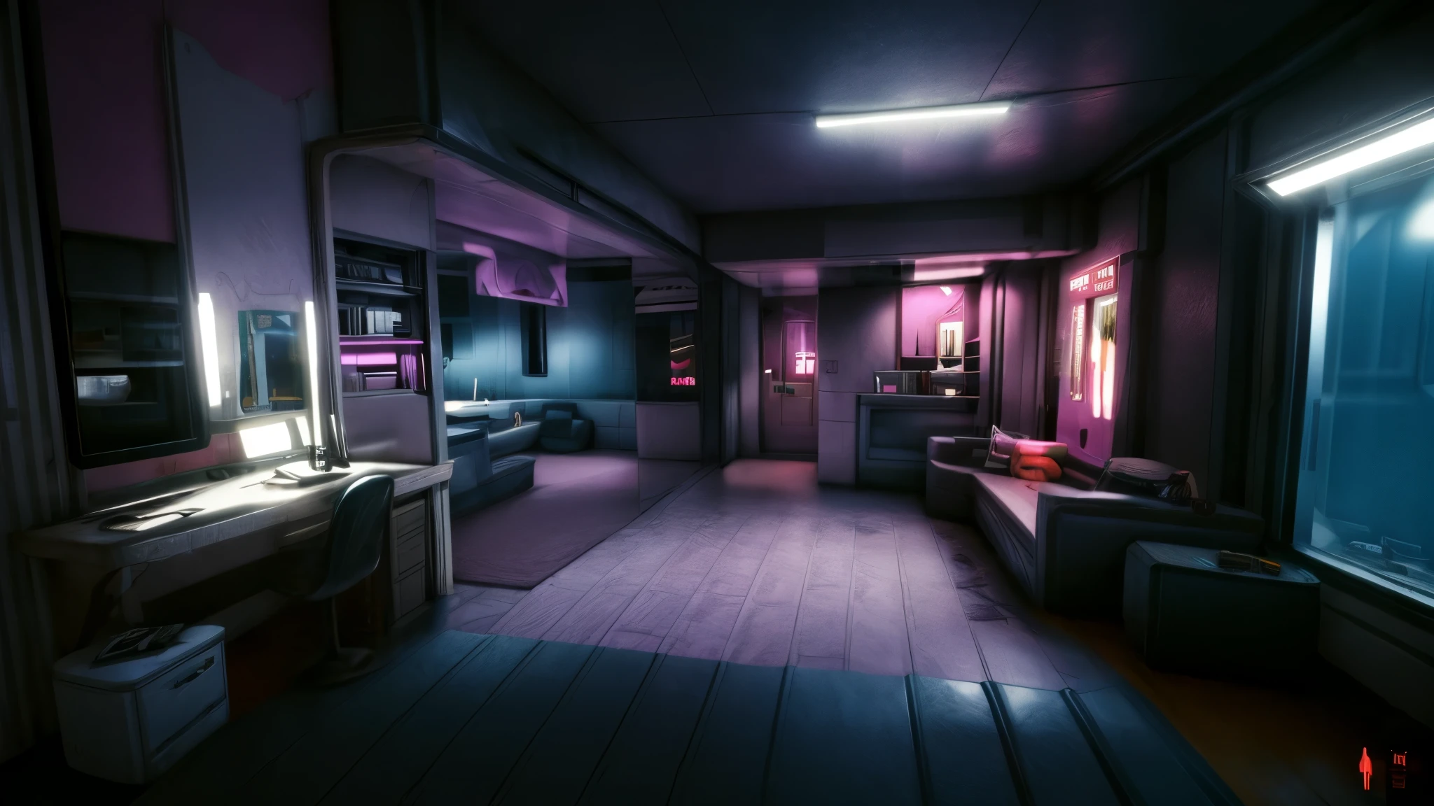 (v'home:1.2),indoors,desk,bed,sofa,neon lights,view two if v'home,(high quality, best quality, hi res),(ultimate phtoreal Concept Art),