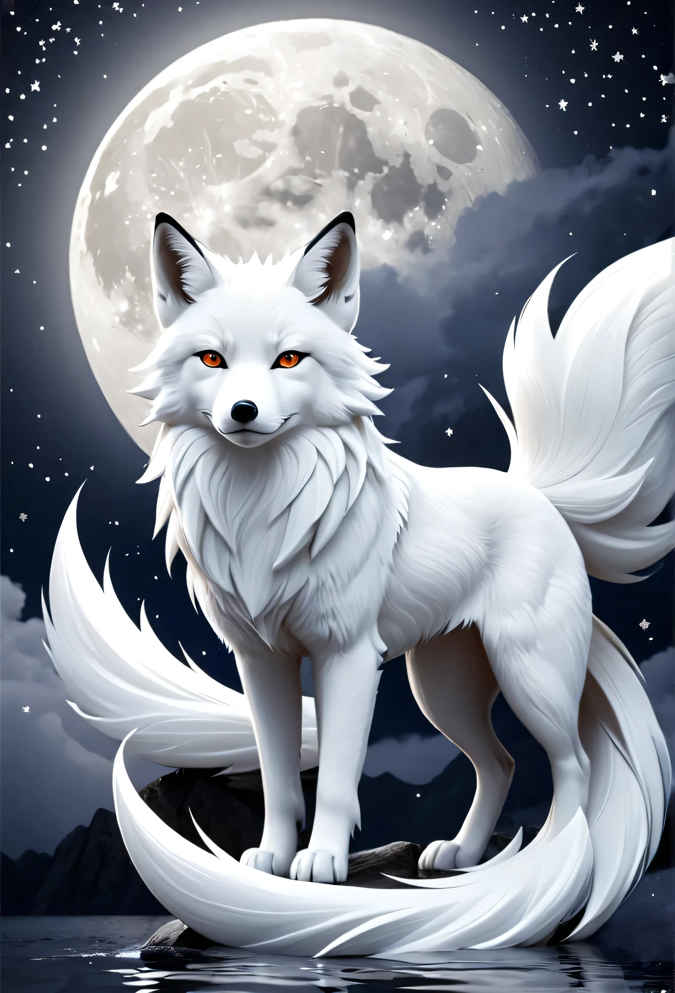 High resolution、high quality、nine tailed fox、white、Full moon night