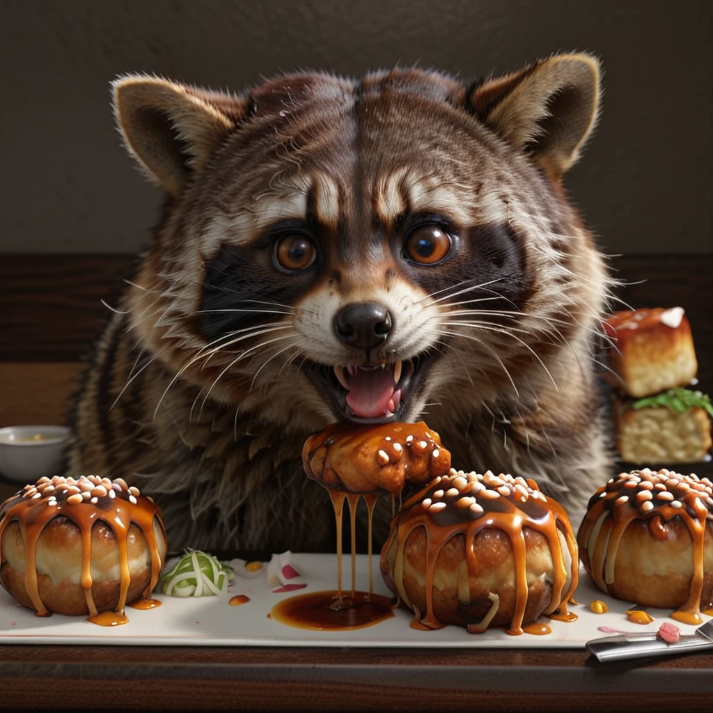 ((Realistic)), (Photorealistic、Realistic), Reference Photo, 最high quality, high quality, (Detailed face and eyes:1.1), , , ((Raccoon)), (CG),(Eating takoyaki)、 Scattered beneath the surface,  (A detailed body), ((cute)), (Detailed fur:1.1),  Photorealism, Volumetric lighting,anime、Simple Background