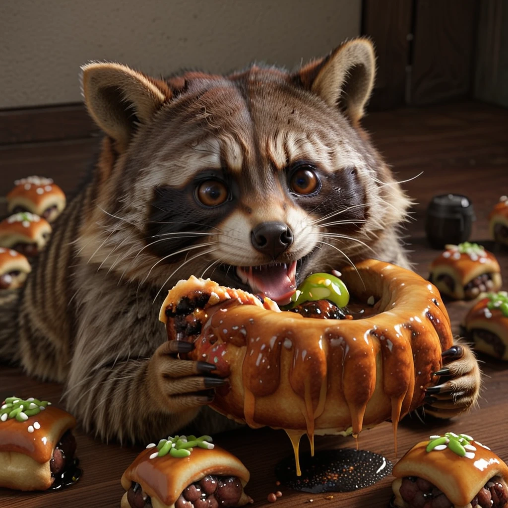 ((Realistic)), (Photorealistic、Realistic), Reference Photo, 最high quality, high quality, (Detailed face and eyes:1.1), , , ((Raccoon)), (CG),(Eating takoyaki)、 Scattered beneath the surface,  (A detailed body), ((cute)), (Detailed fur:1.1),  Photorealism, Volumetric lighting,anime、Simple Background