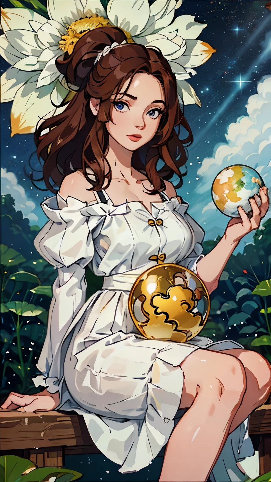 close range,Korean woman, age 29, holding a large globe, ((Sitting in a clear river with many lotus flowers)), ((big star)), Lotus flowers in the stream, ((Sky background with a big globe.)), Clip-in hairstyle, ((Little Jimmy)), Rainbow off-the-shoulder dress, starry upper tribute, ((On the back there is a large globe on the head.)), clear earth and clouds, cloud frame, Beautiful hands, ((Clip-in hairstyle)), Top and bottom image edges