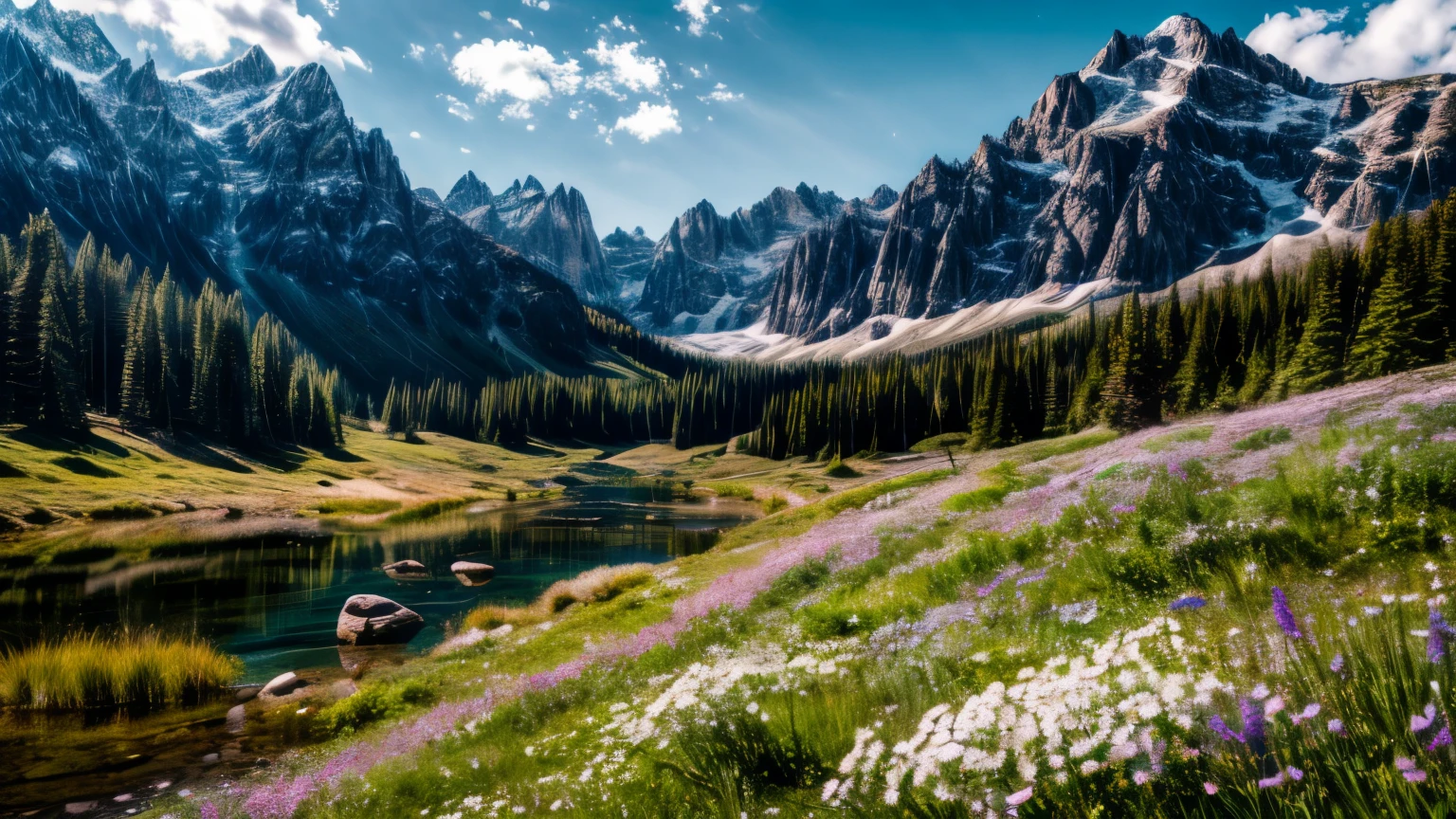 masterpiece, (8k wallpaper) , (highest quality), Perfect quality, Mountains in the distance々Deep forest with, Foreground: Meadow with white flowers. There are rocks and a small river around the grassland.