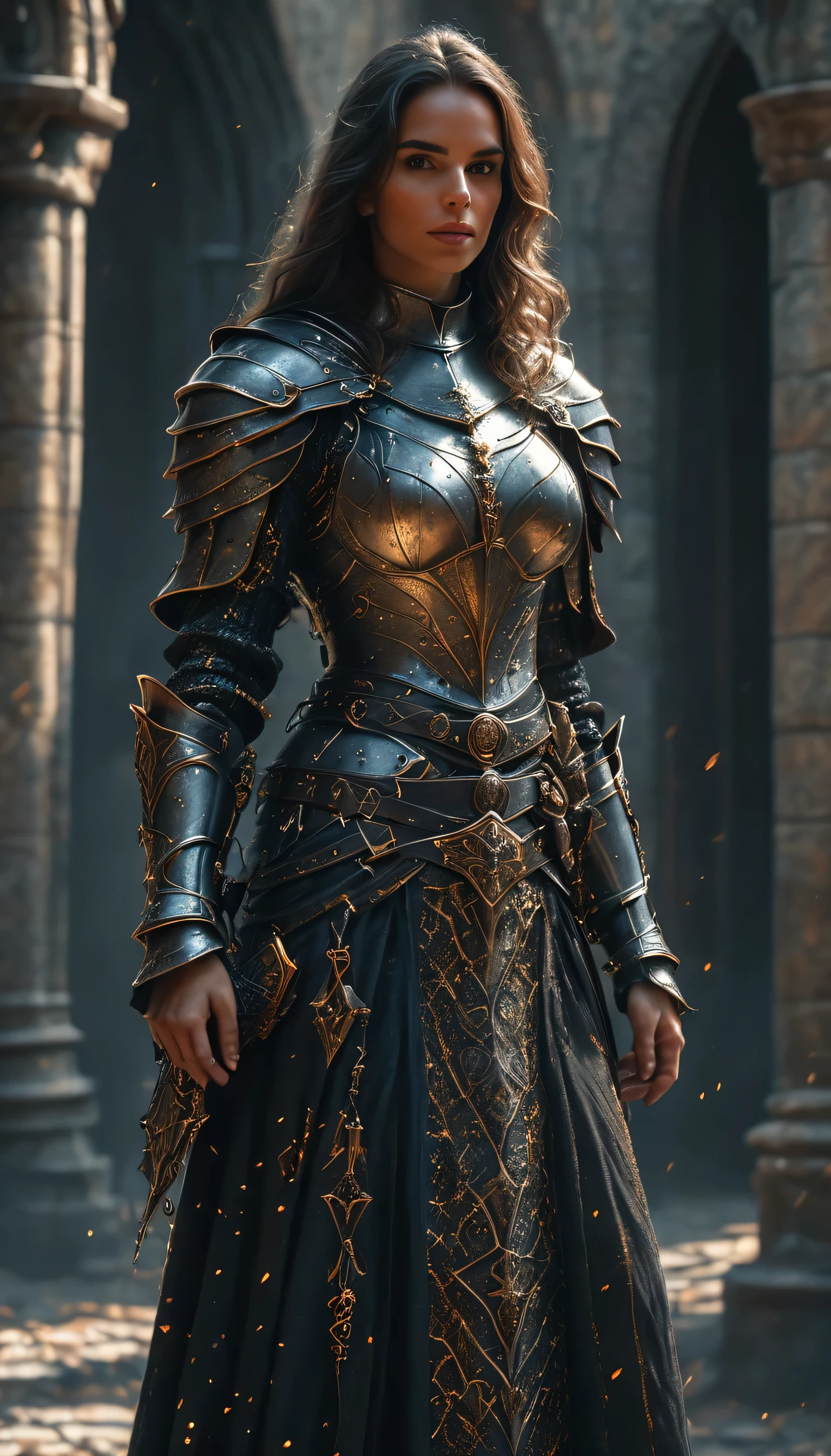 super realistic image, high quality uhd 8K, of man with medieval knight armor, detailed realistic ((slim body, high detailed)), ((tall model)), brunette hair, high detailed realistic skin, ((fantasy wizard's armor with black long skirt and intricate details, several belts at the waist)), ((black wizard's magic armor, mysterious atmosphere)) ((wizard)) ((casting magic lightning spells)), real vivid colors, standing