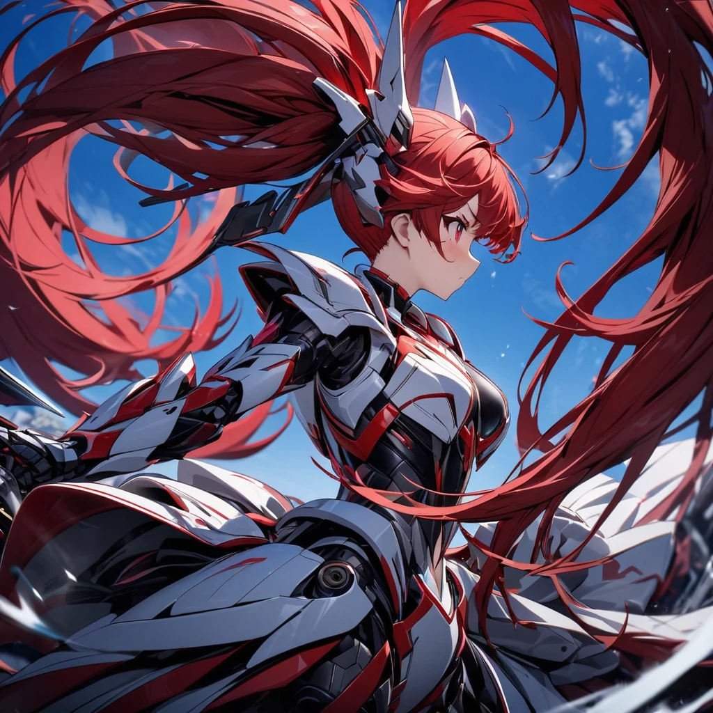 High quality, high definition, hig
h precision images,8k 1 Girl Robot Girl、red hair,Twin tails,Red eyes、 ,(red and white clothing Hold it with one hand),,He's wearing flashy robot armor.Holding a red and white long sword,、Blue sky.Flying in the sky,Figure moving at high speed side view,shot from a distance
protector for face and head,show the whole body