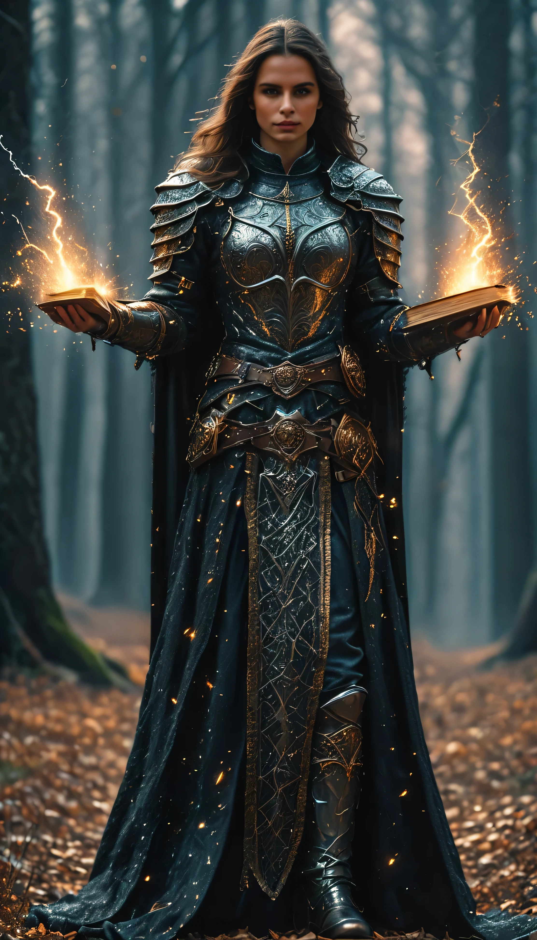 super realistic image, high quality uhd 8K, of man with medieval knight armor, detailed realistic ((slim body, high detailed)), ((tall model)), brunette hair, high detailed realistic skin, ((fantasy wizard's armor with black long skirt and intricate details, several belts at the waist)), ((black wizard's magic armor, mysterious atmosphere)) ((wizard)) ((casting magic lightning spells)), real vivid colors, standing