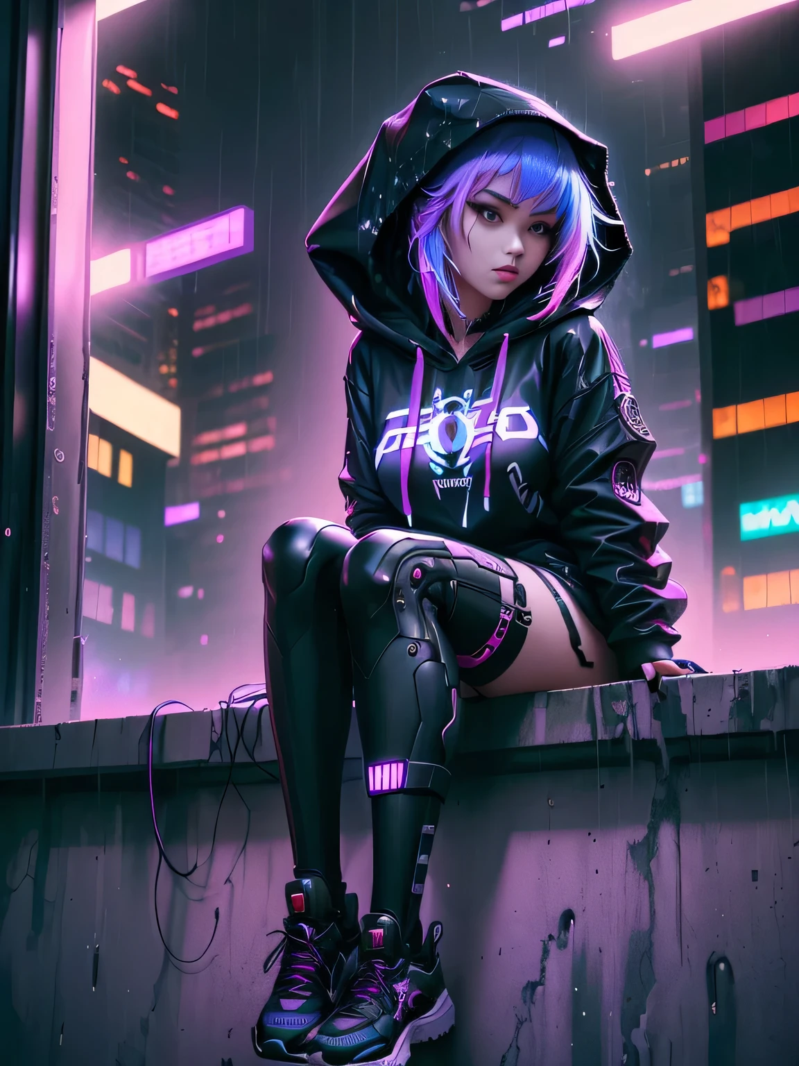 On the web Neon Street,one female,Long black hair,Black pupils,Broken hood,shorter pants,spread their legs