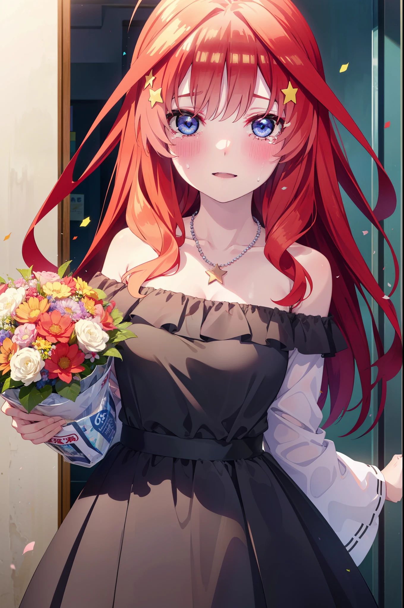 itsukinakano, Itsuki Nakano, bangs, blue eyes, Hair between the eyes, Ahoge, Redhead, star \(symbol\), hair ornaments, star hair ornaments,smile,blush,Red off-shoulder dress,No sleeve,Bare shoulders,Bare arms,Bare neck,bare clavicle,tiara,Heart Necklace,Tears stream down her face,Crying with joy,Cry a lot,holding a large bouquet of flowers with both hands,Confetti,
break indoors, stage,
break looking at viewer, (Cowboy Shot:1.5),
break (masterpiece:1.2), highest quality, High resolution, unity 8k wallpaper, (figure:0.8), (Beautiful fine details:1.6), Highly detailed face, Perfect lighting, Highly detailed CG, (Perfect hands, Perfect Anatomy),