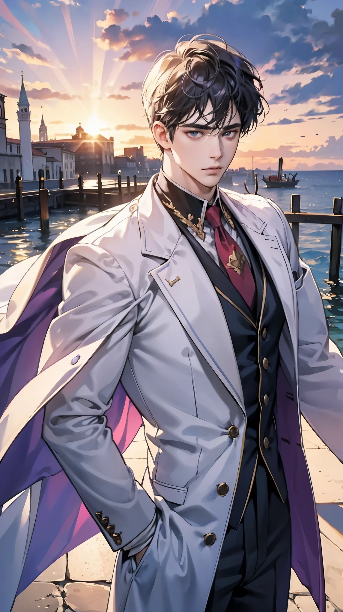 anime.Constantine the Great, Roman Emperor Constantine the Great resurrected in modern times。34 years old。one adult male。Long body。broad shoulder。thick neck。eyes like a lion。Bright and sharp eyes。Looking here。Sincere and kind。Kind and reliable。Deal with it sternly if necessary.。talented and hardworking businessman。successful gentleman。careerist。he is wearing a high quality white suit。dark purple tie。Light purple shirt。forceful。An overwhelming sense of control。romance novel hero。Bold composition。look up to。lyrical。Dramatic。heartful。Romantic。opulent。elegan。elegance。Venice background in the sunset。masterpiece。top-quality。Super beautiful。The ultra -The high-definition。detaileds。exquisite。