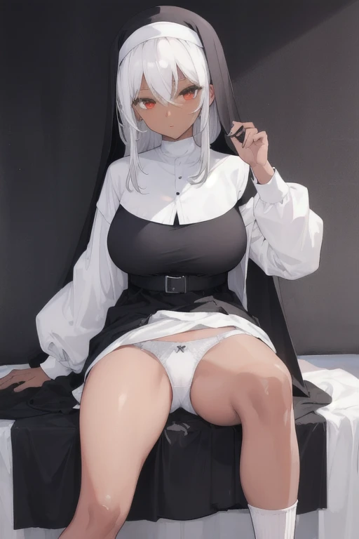 1 Girl, milf,Dark Skin,white hair,White socks,underwear,nun