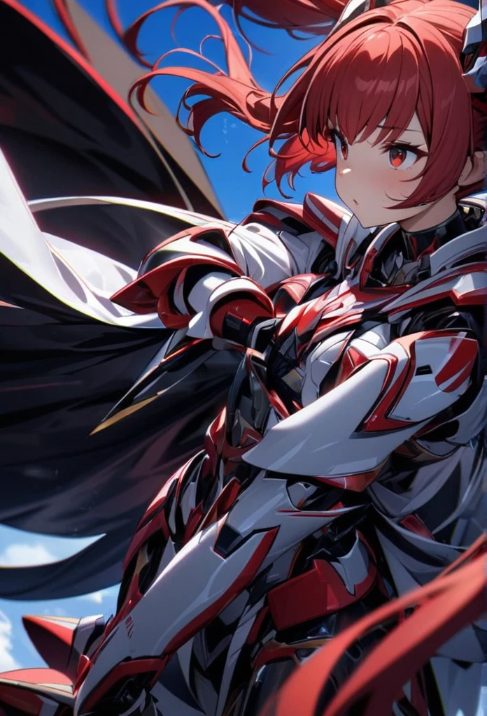 High quality, high definition, hig
h precision images,8k 1 Girl Robot Girl、red hair,Twin tails,Red eyes ,(red and white clothing Hold it with one hand),,He's wearing flashy robot armor.Holding a red and white long sword,、Blue sky.Flying in the sky,Figure moving at high speed side view,shot from a distance
protector for face and head,show the whole body
