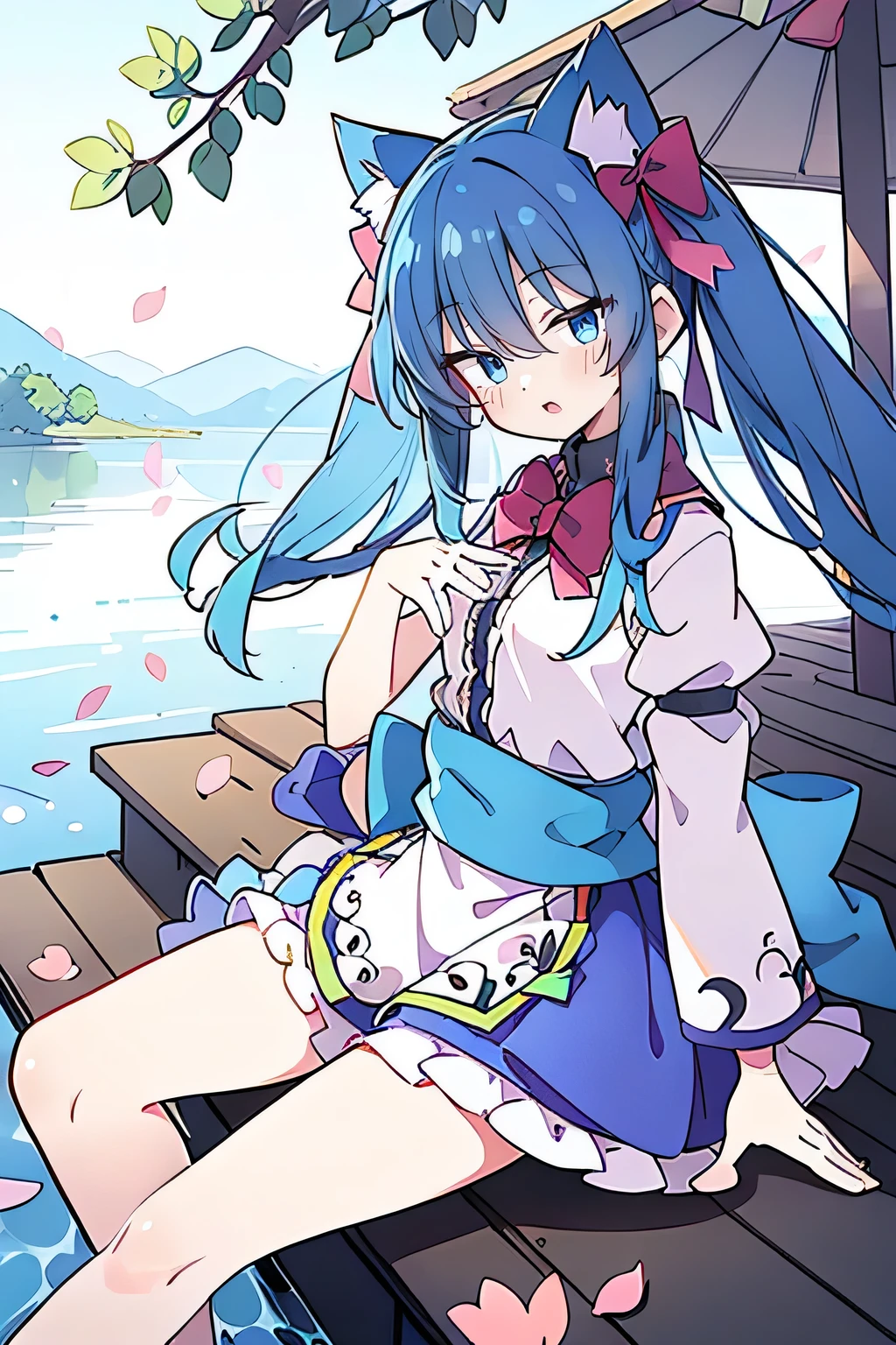 (masterpiece:1.2),ultra-detailed,realistic,expressive eyes,fair-skinned,perfectly shaped face,1girl,
Japanese cartoons,Gorgeous blue hair, flowing blue hair,floating clothes,cat ears,petals falling,beautiful Lola,Hina Angel,
hands on waist,gracefully sitting on the ground,legs crossed,gentle and serene background,cool and comfortable pavilion,smile.