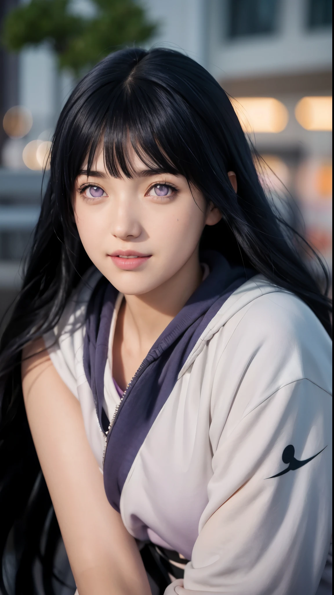 close up image of a person with long hair and a hoodie, hinata hyuga, hinata hyuga from naruto, from naruto, as an anime character, perfect anime face, she has dark blue hair with bangs, female anime character, anime characters, best anime girls, style hime cut hair, dark blue hair, full body, (pink lips, light purple eyes, smile, (beautiful face:1.3)