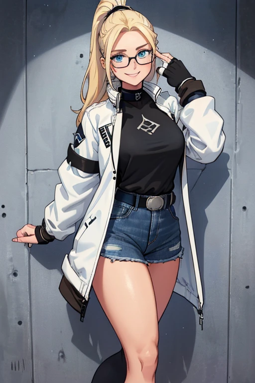 female, blonde long hair in a ponytail, blue eyes, (((1girl))), (((white and black jacket with rolled up sleeves))), (black shirt), (blue denim jeans), (black belt), (black low heels), (black fingerless gloves), (glasses), cute and sexy, full body, modest breasts, modest butt, long legs, smiling