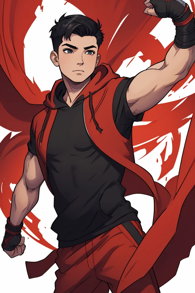 ((Masterpiece, Best Quality)), (1 boy, Solo: 1.4), black hair, fade undercut, muscular red hoodie, upperbody, half body, dynamic pose, happy, white background, illustration,