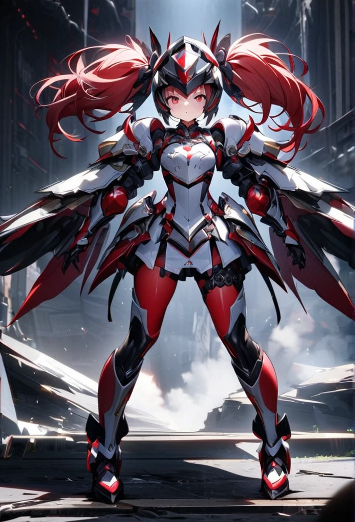 High quality, high definition, hig
h precision images,8k 1 Girl Robot Girl、red hair,Twin tails,Red eyes、 Wearing luxurious re barrettes in haird and white armor, a helmet on the head
full body image,bright lighting