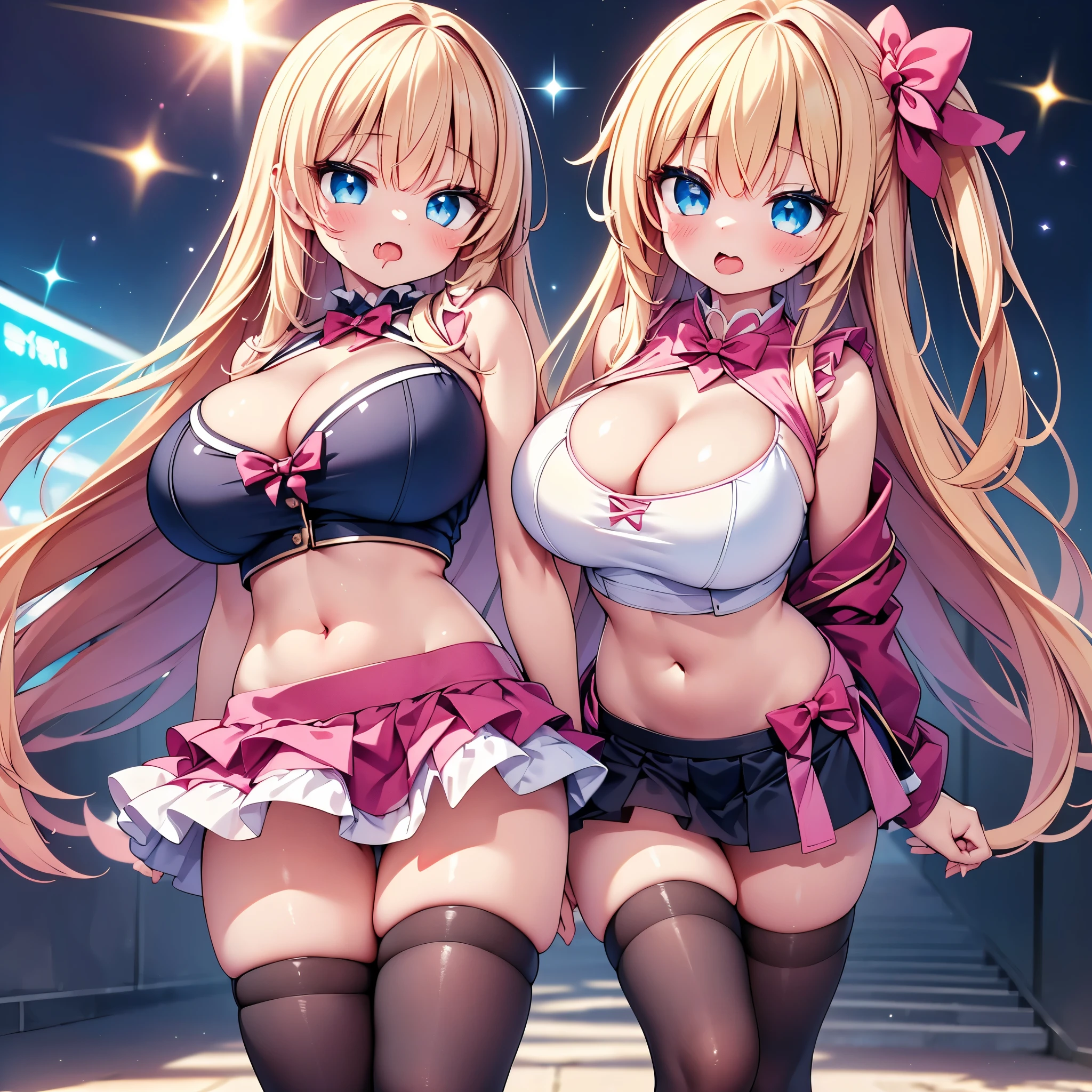 highest quality,wonderful,finely,extremely detailed CG Unity 8K wallpaper, (girls, cute eyes, (magical pink girl outfit,frill mini skirt:1.1), , clothed), (sparkling eyes:1.2), (skinny body:1.1), (huge breasts), (cleavage:1.3), (crop top navel:1.3), (open mouth:1.1), (long tongue:1.1), (mouth drool:1.1), (black stockings:1.1),(Thighs:1.2),(Waistline:1.1)