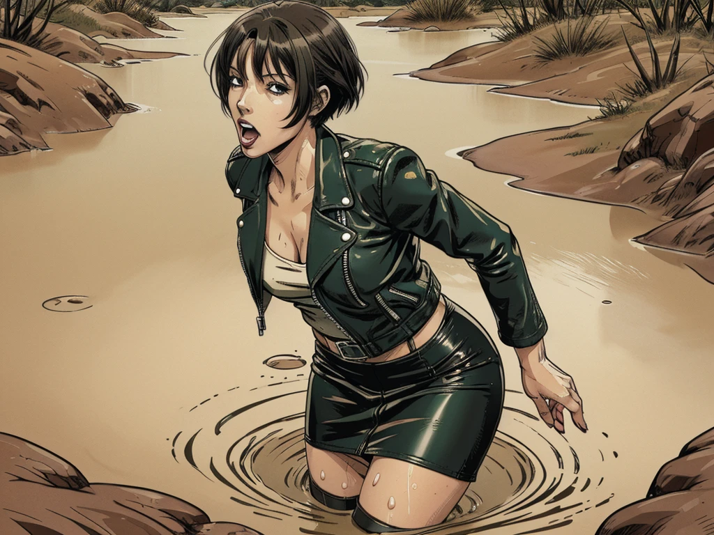 vector image, anime, mature bob-cut woman, gloomy ??????? orgasm, leather biker jacket and pencil skirt and stockings, drowning in the middle of quicksand bog, green