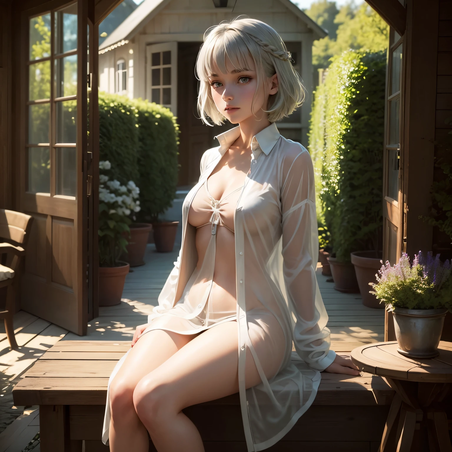 masterpiece, highest quality,Very detailed,Hyper Details, cinematic Light,, One girl, alone, sit, Outdoor, Summer House, sitting in the Summer House, plant, table, chandelier, Candles, Wind, Green Eyes, Pan Green Silver Hair, short hair, Floating Hair, Light, Light frown, profile,View your viewers, dynamic_angle,The see-through happi coat is unbuttoned,nude