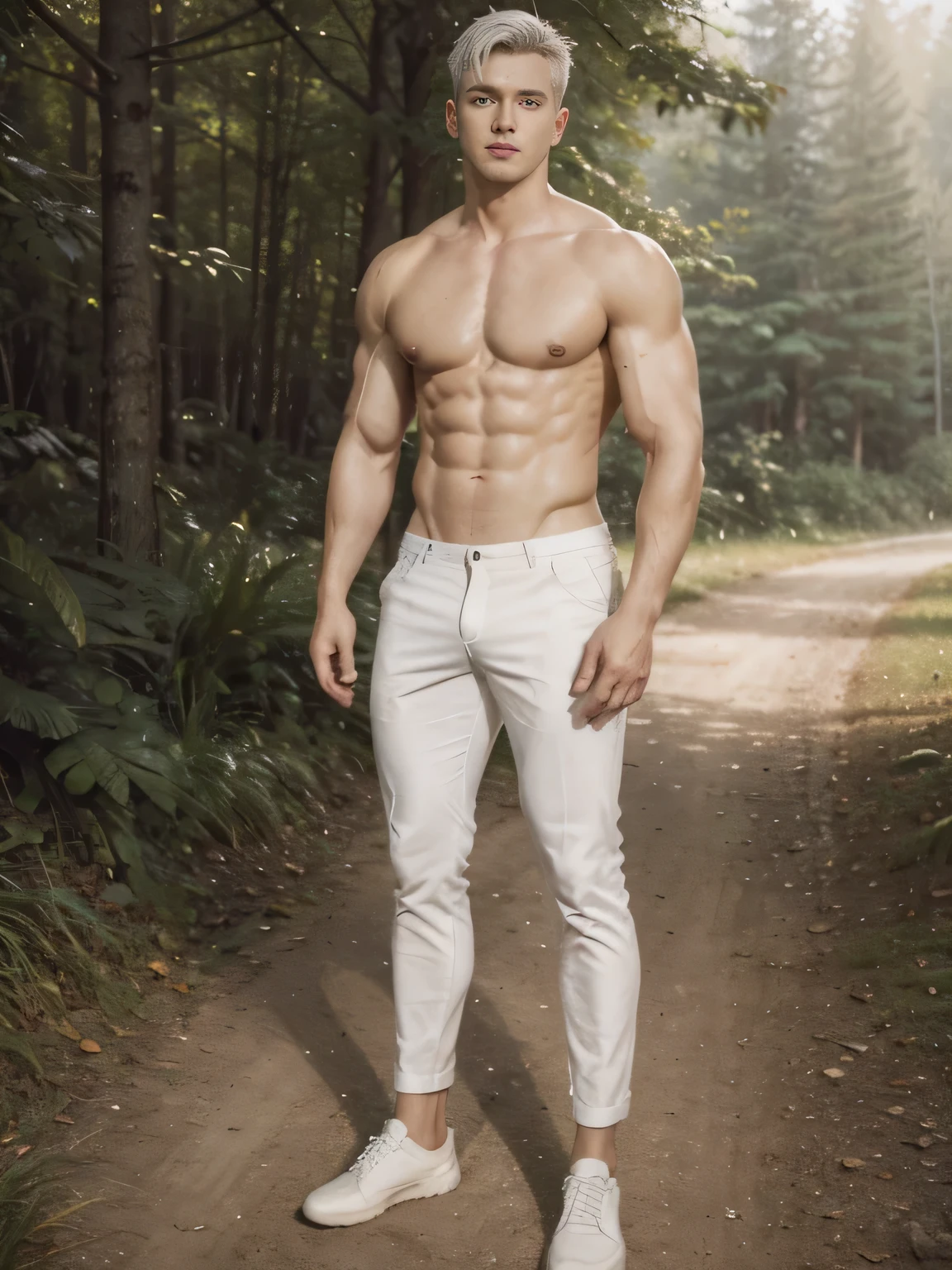 FULL full Body photorealistic 4k, high resolution, best quality, masterpiece, perfect color, make his abes , full body view perfect shade, perfect lighting, Posted by e621, ((portrait)), ((handsome man)), perfect male figure, Short hair details，chest muscles，abdominal muscles，N,  Detailed face, perfect face, (stood up), Detailed background, ((Bonifasco Lighting)), (delicate eyes),(),white hair, forest scene photo, professional movie, professional picture, ultra detailed, ultra realistic, cinematic, sharp focus full body view from the legs make him wear white pants