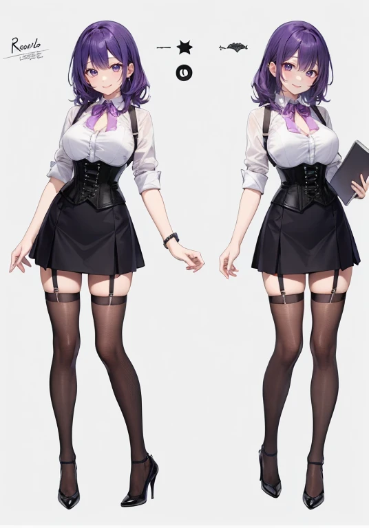 Purple hair,Rong hair,Adult female,Bartender,((Body harness)),((Rolling up your sleeves shirt)),(Corset),(Tight skirt),Garter belt,High heels,((Simple background)),Smile,((Full body)),((whole body)),Character Sheet,