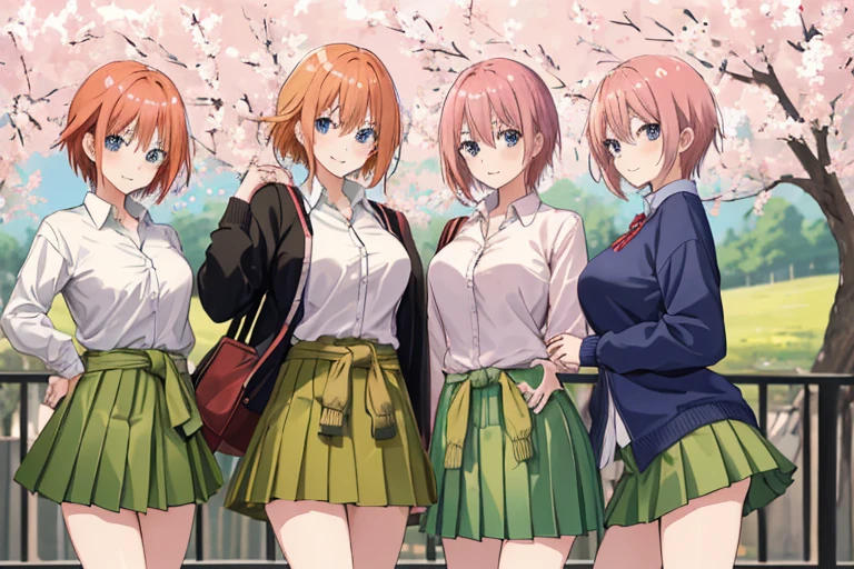 2d, masterpiece, best quality, anime, highly detailed, 5 girl, photo of 5 girl, quintuplets, identical sisters, cowboy shot, nakano ichika, pink hair, short hair, cardigan around waist, collared shirt, green skirt, miniskirt, big round breasts, standing, school, outdoors, smile, 